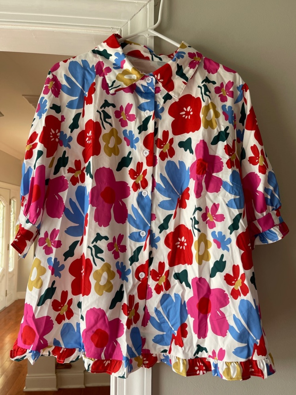SHEIN Pink, Blue & Red Floral Print Button-Up Blouse